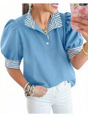 Women's Summer Puff Sleeve Blouse Sky Blue Ruffle V Neck Top Color Block Striped